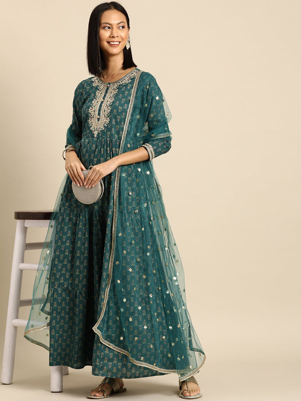 Women Green Embroidered Flared Dress With Net Dupatta | WOMENSFASHIONFUN