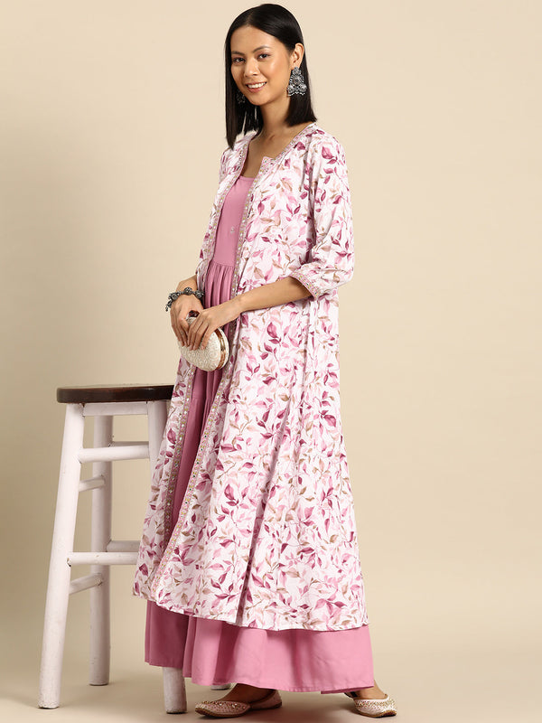 Women Pink Embroidered Flared Dress With Prinrted Jacket | WOMENSFASHIONFUN