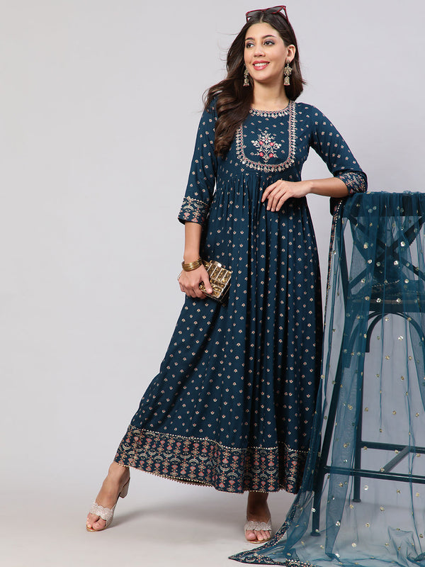 Women Teal Floral Printed Flared Dress With Scalloped Dupatta | WomensFashionFun