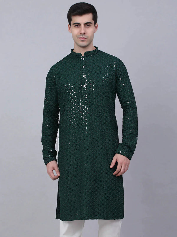 Men Olive Green Chikankari Embroidered and Sequence Kurta Only | WomensfashionFun.com