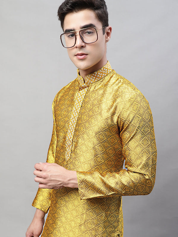 Men's Mustard Jacquard Silk Collar Embroidered Kurtas | WomensFashionFun