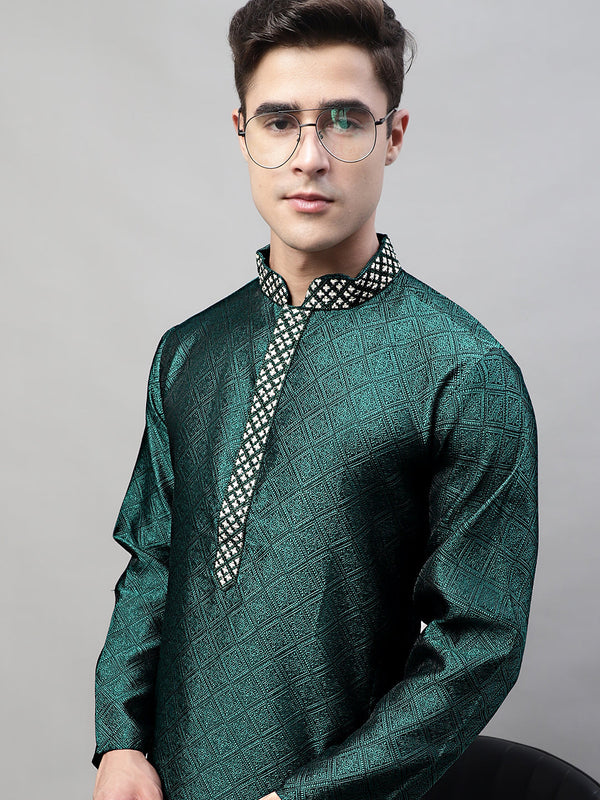 Men's Olive Green Jacquard Silk Collar Embroidered Kurtas | WomensFashionFun