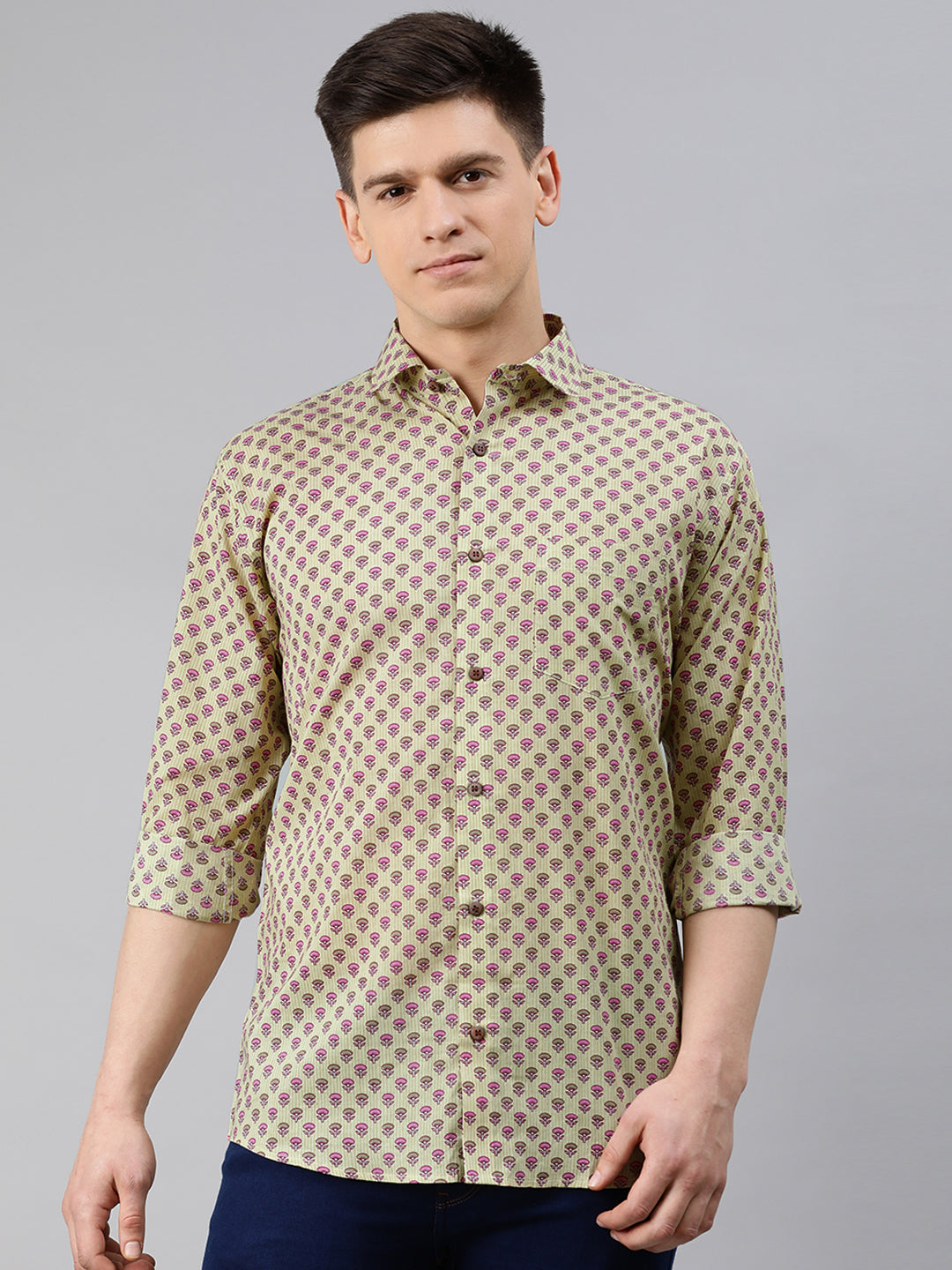 Yellow Cotton Full Sleeves Shirts For Men