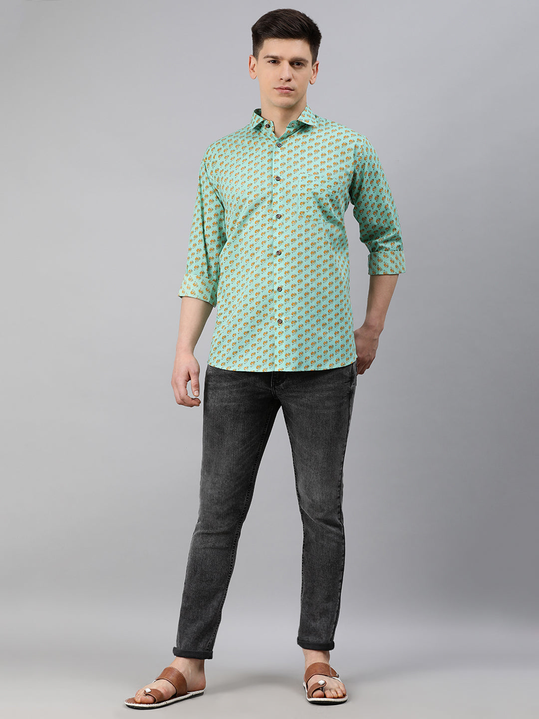 Sea Green Cotton Full Sleeves Shirts For Men