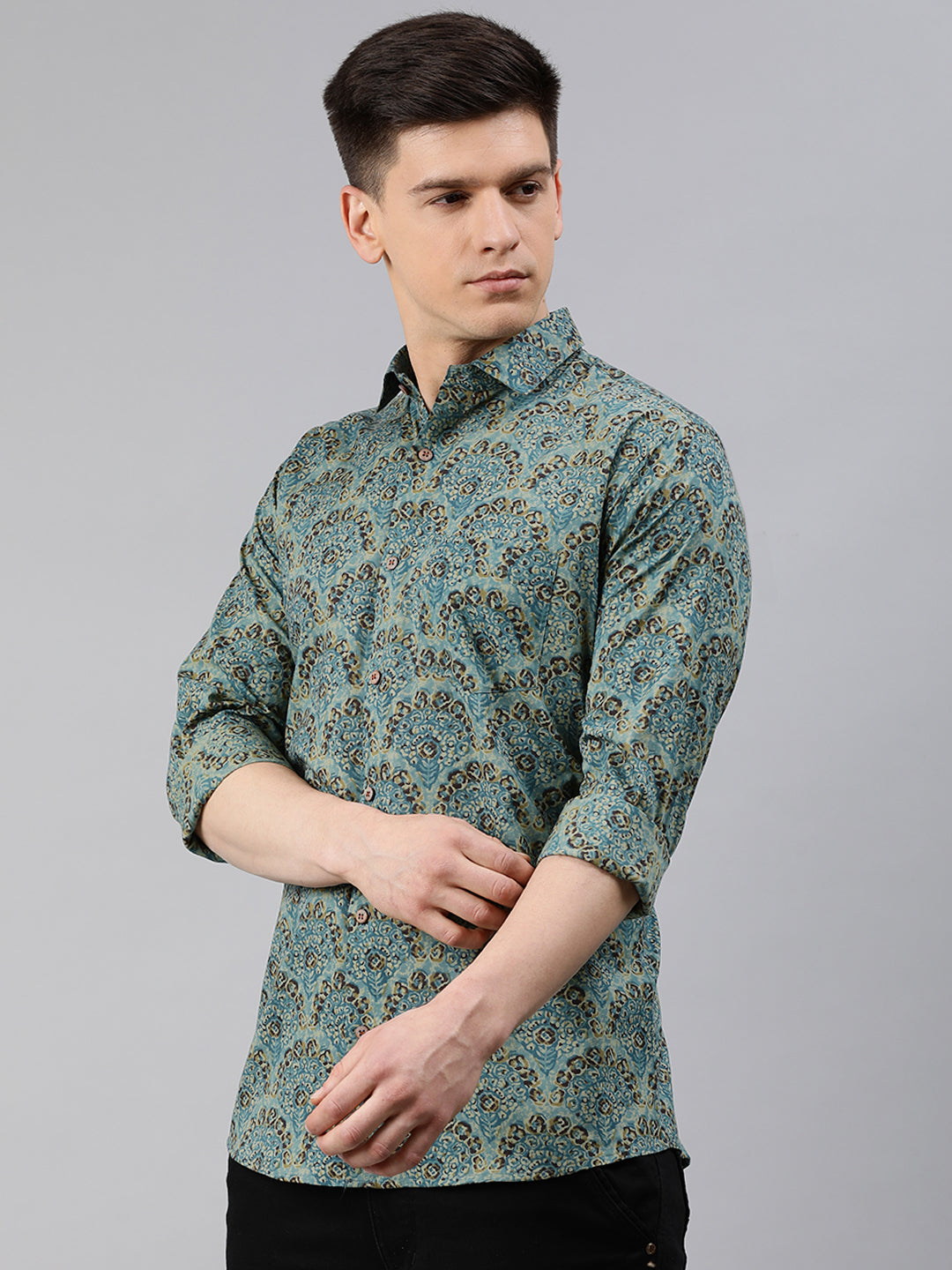 Green Cotton Full Sleeves Shirts For Men