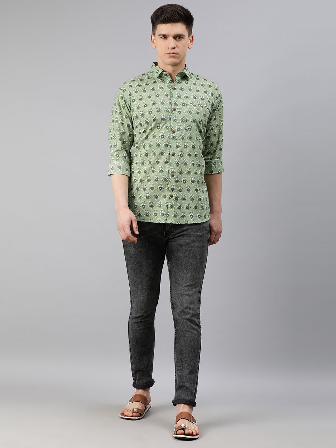 Green Cotton Full Sleeves Shirts For Men