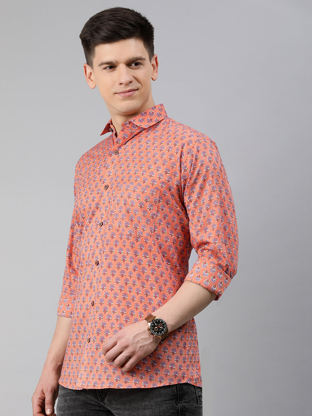 Peach Cotton Full Sleeves Shirts For Men