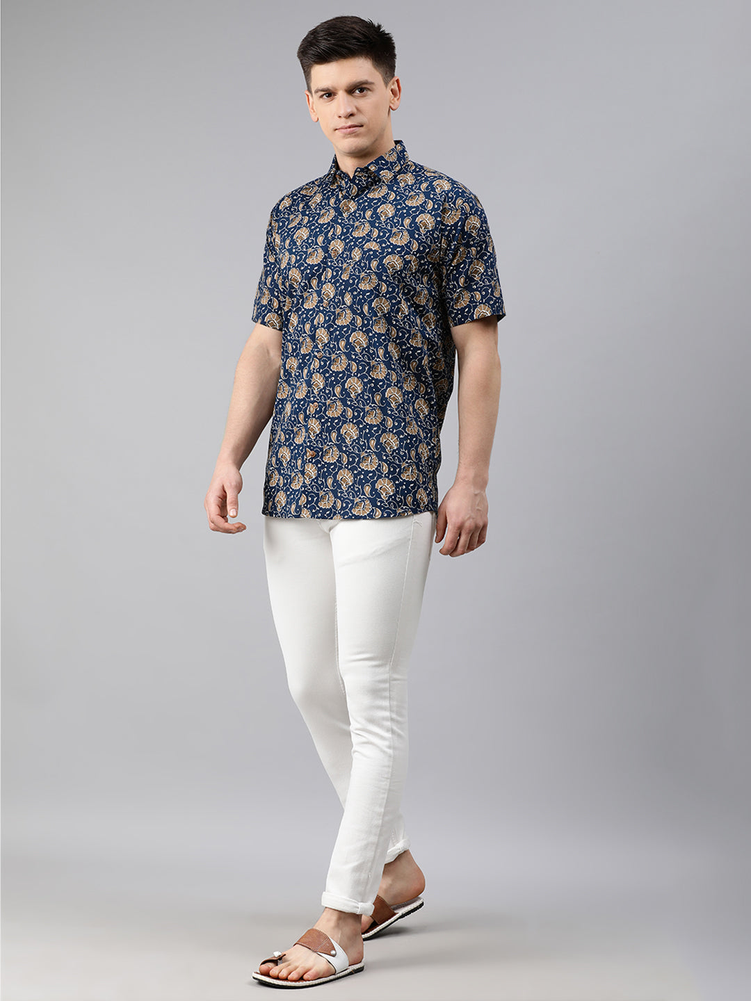 Navy Blue Cotton Short Sleeves Shirts For Men