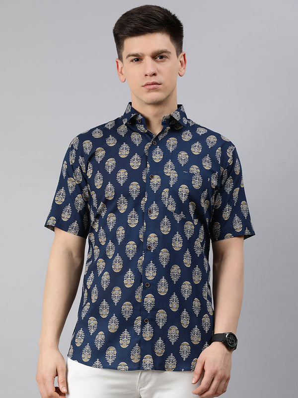 Nevy Blue Cotton Short Sleeves Shirts For Men