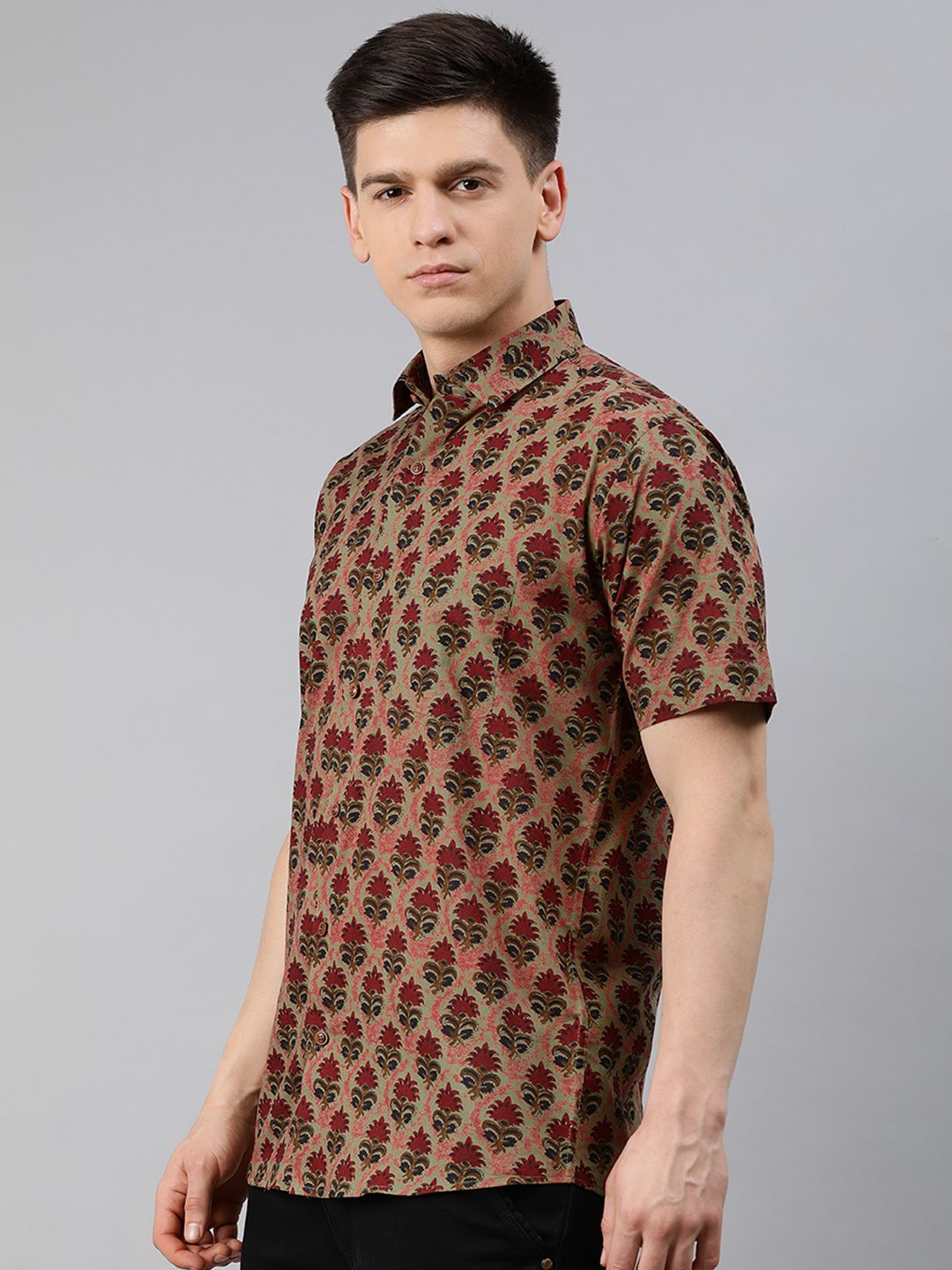 Green Cotton Short Sleeves Shirts For Men