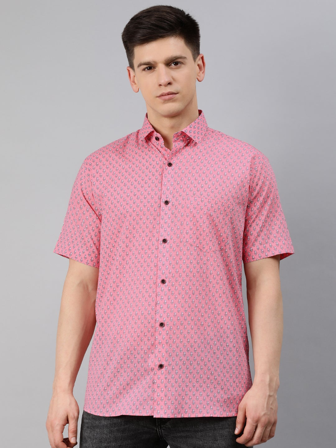 Pink Cotton Short Sleeves Shirts For Men