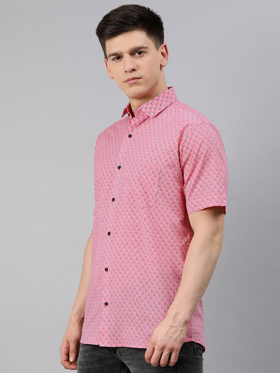 Pink Cotton Short Sleeves Shirts For Men