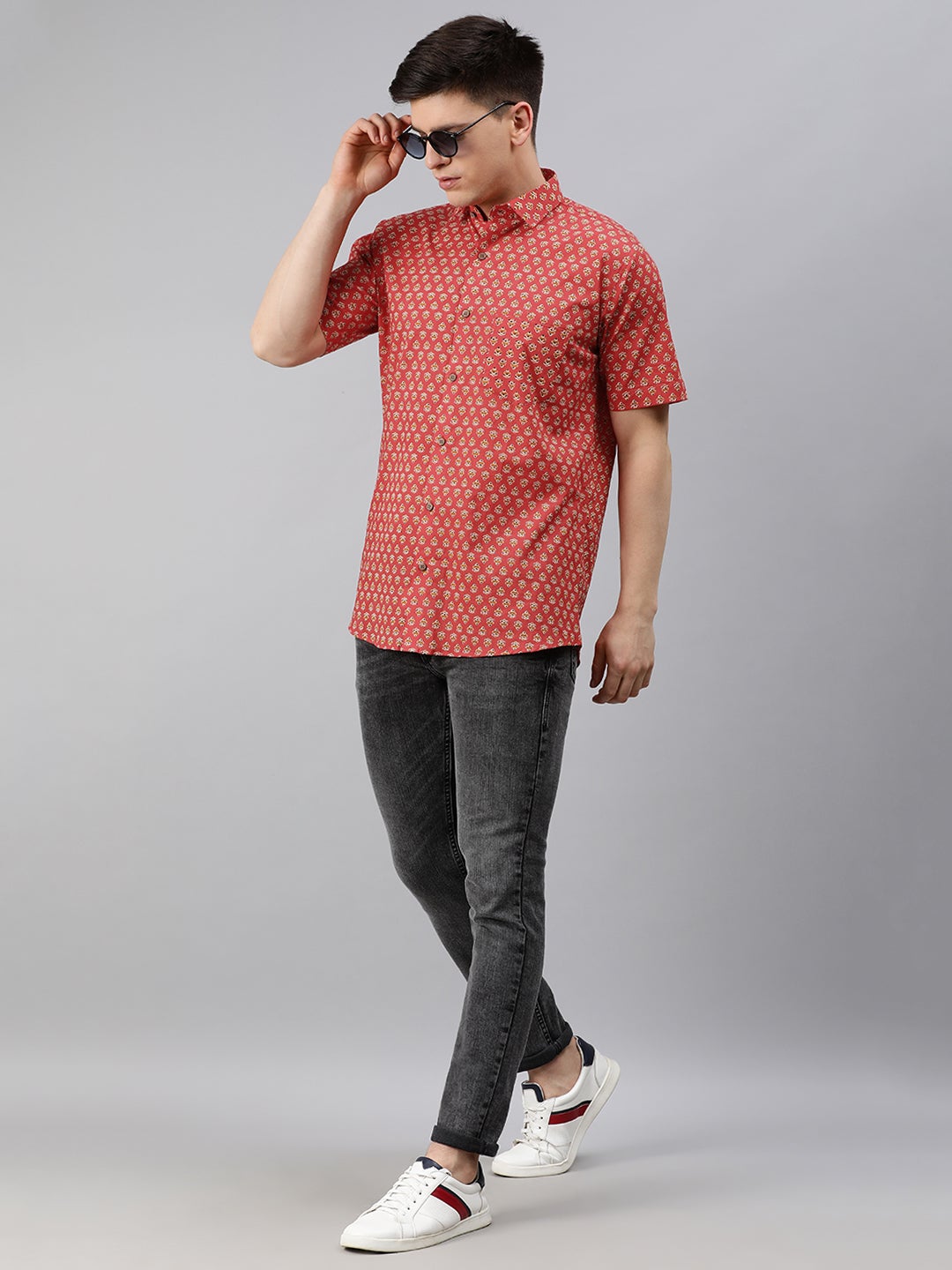 Red Cotton Short Sleeves Shirts For Men