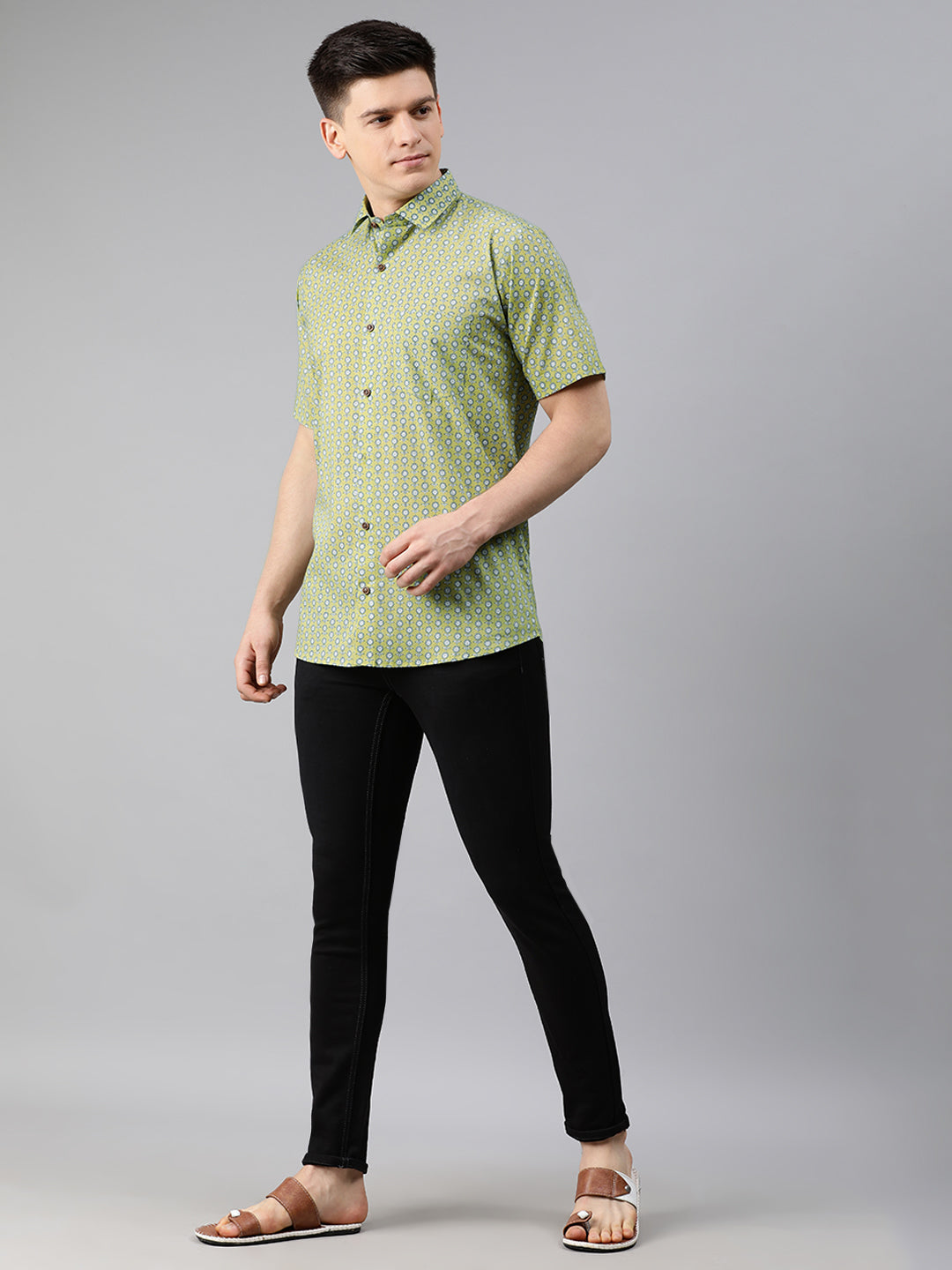 Yellow Cotton Short Sleeves Shirts For Men