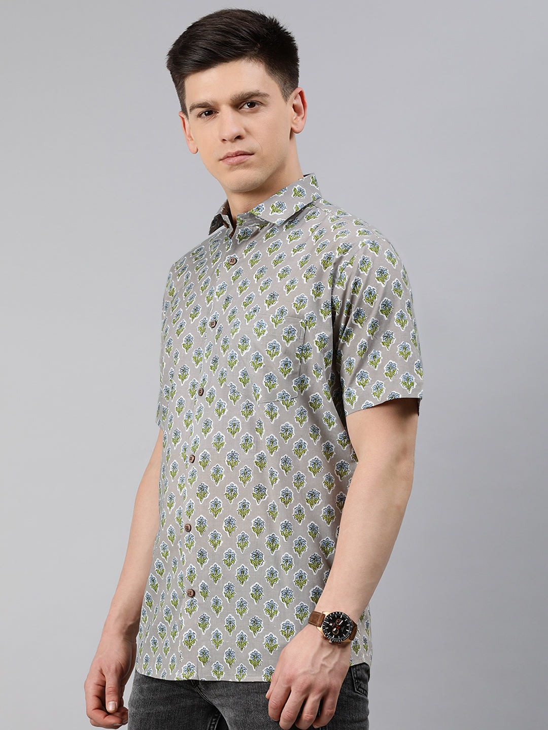 Grey Cotton Short Sleeves Shirts For Men