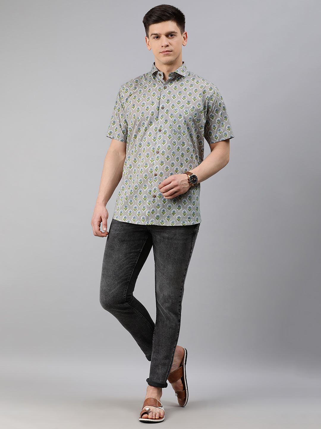 Grey Cotton Short Sleeves Shirts For Men