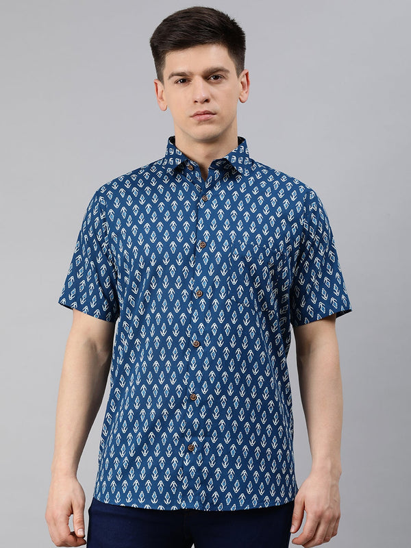 Blue Cotton Short Sleeves Shirts For Men
