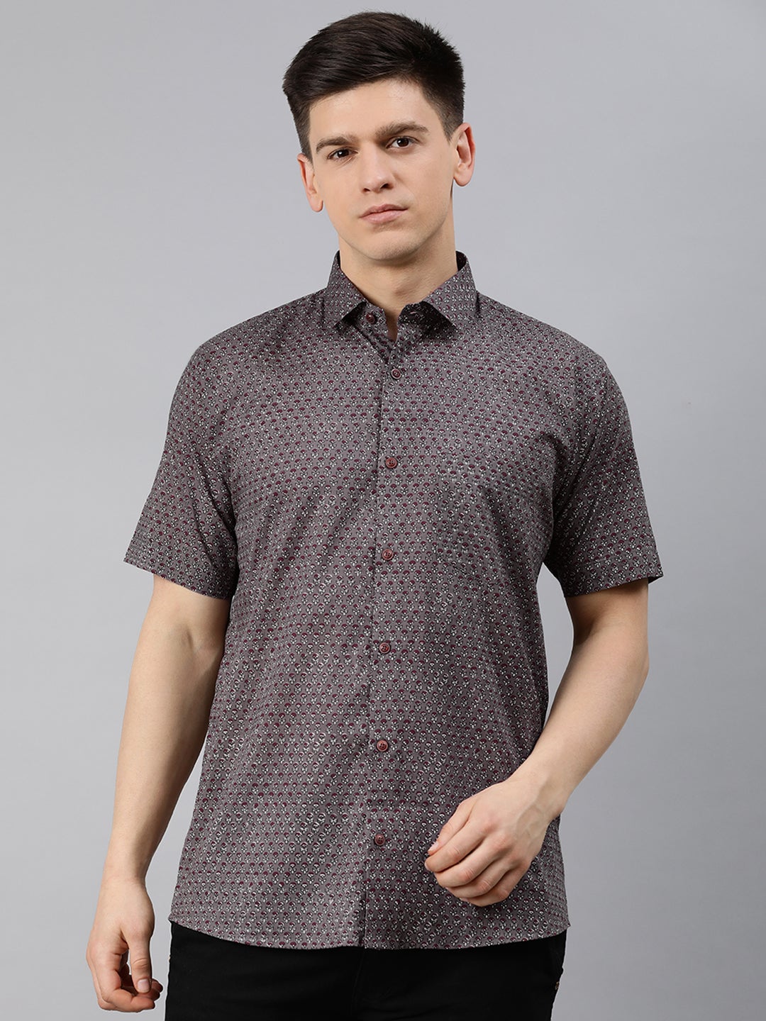 Gray Cotton Short Sleeves Shirts For Men
