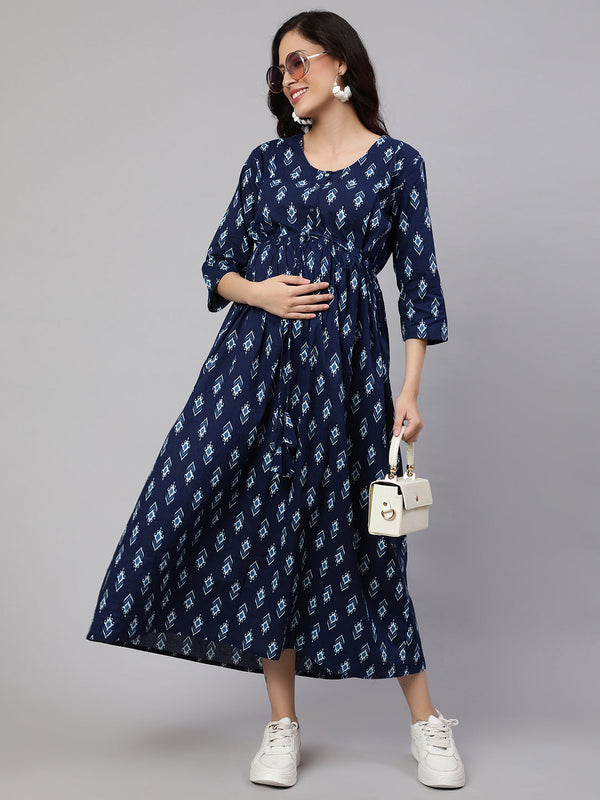 Women Blue Floral Printed Flared Maternity Dress | WOMENSFASHIONFUN