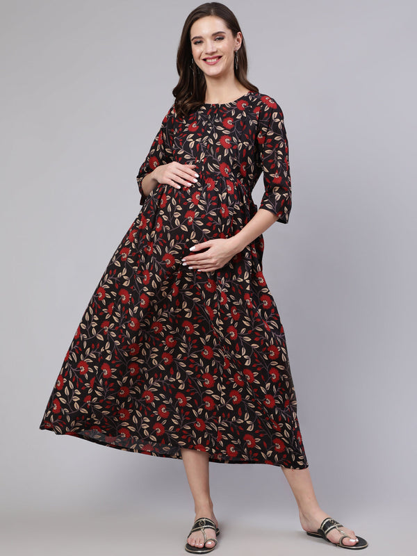 Women Black Floral Printed Flared Maternity Dress | WomensFashionFun
