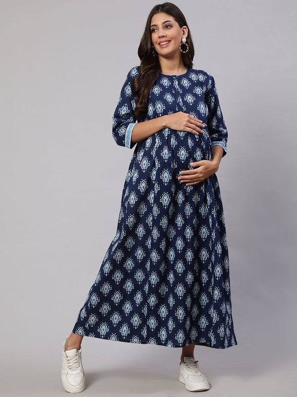 Women Navy Blue Printed Flared Maternity Dress | WomensFashionFun