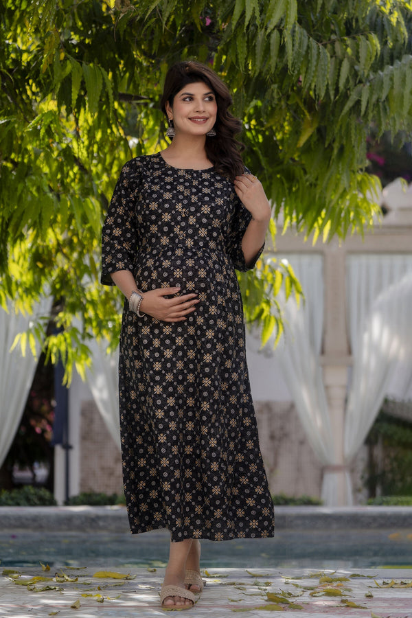 Women Black & Gold Printed Flared Maternity Dress | WomensFashionFun.com