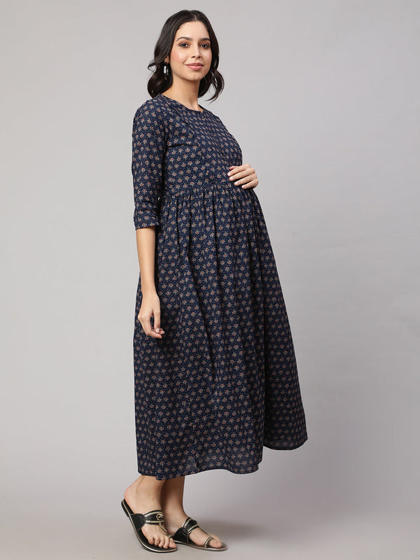 Women Navy Blue Printed Flared Maternity Dress | WomensFashionFun.com
