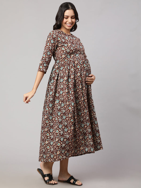 Women Brown Floral Printed Flared Maternity Dress | WomensFashionFun.com