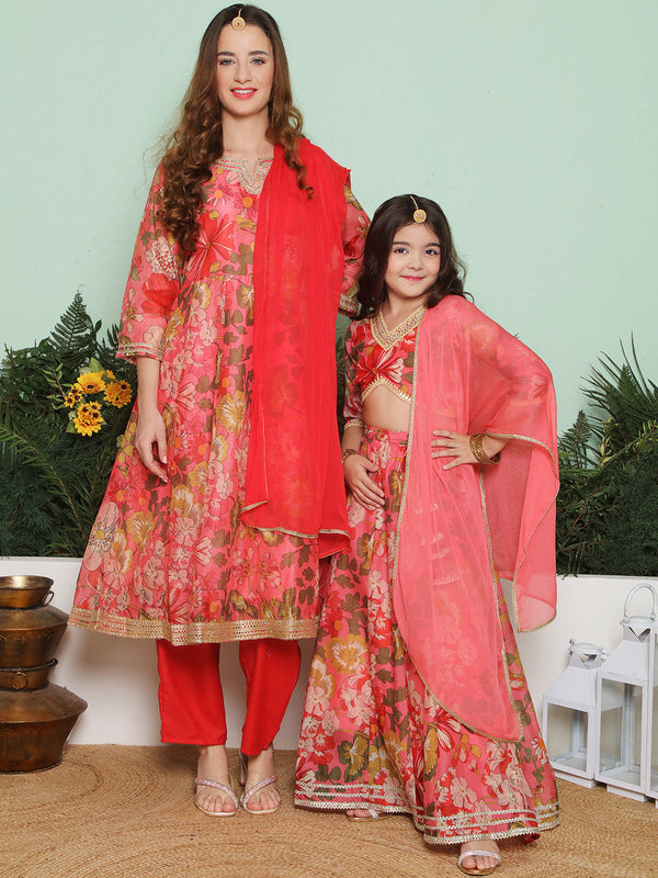 Red floral Printed Anarkali Kurta set for Women & Lehenga Choli Set dupatta for Girl | WomensfashionFun.com