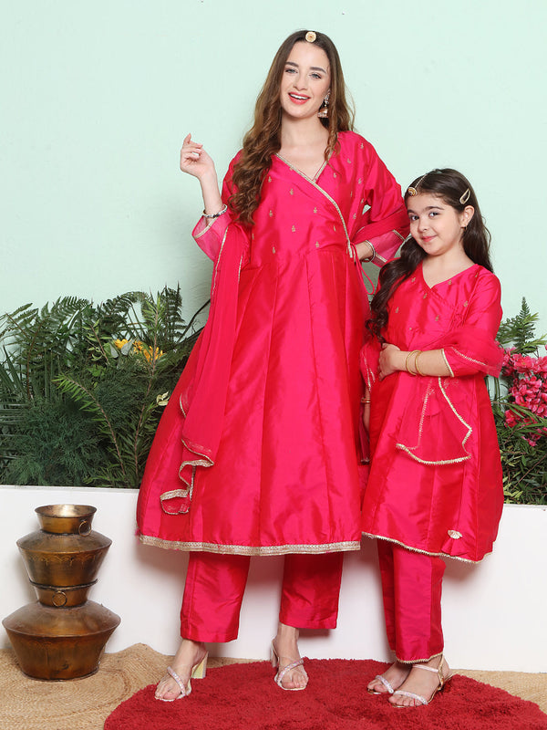 Pink Embroidered Angrakha Kurta Set For Women & Angrakha Kurta Set for Girl | WomensFashionFun
