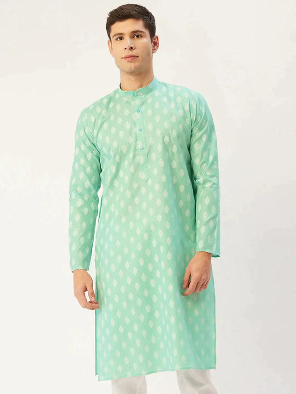 Men's Green Cotton Floral printed kurta Only | WomensfashionFun.com