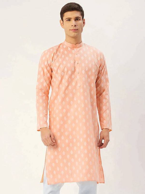 Men's Peach Cotton Floral printed kurta Only | WomensfashionFun.com