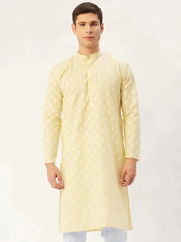 Men's Yellow Cotton Floral printed kurta Only | WomensfashionFun.com