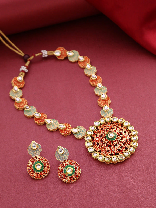 Women Orange Green Kundan Gold Plated Meenakari Jewellery Set | WOMENSFASHIONFUN
