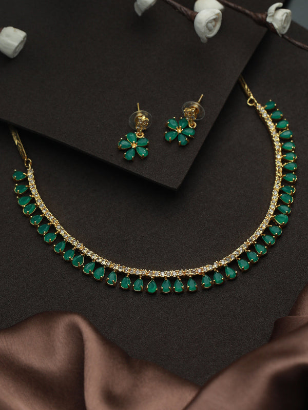 Green Leaf Gold Plated AD Studded Jewellery Set | WOMENSFASHIONFUN.