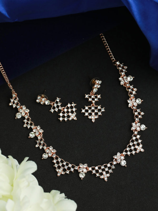 Women Floral American Diamond Rose Gold Plated Jewellery Set | WOMENSFASHIONFUN