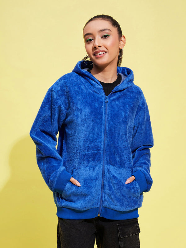 Girls Royal Blue Fleece Fur Front Pocket Hoodie Jacket | WomensFashionFun