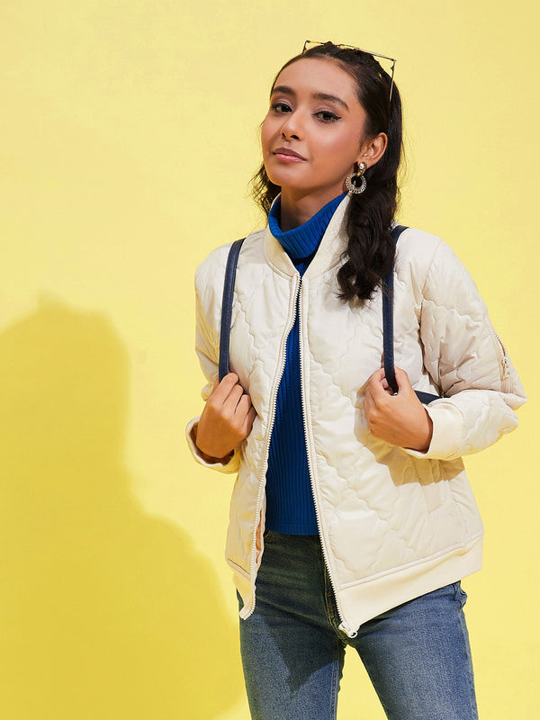 Girls Off White Quilted Bomber Jacket | WomensFashionFun