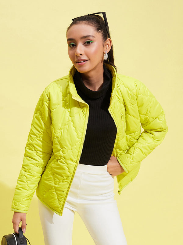 Girls Neon Yellow Quilted Zipper Jacket | WomensFashionFun