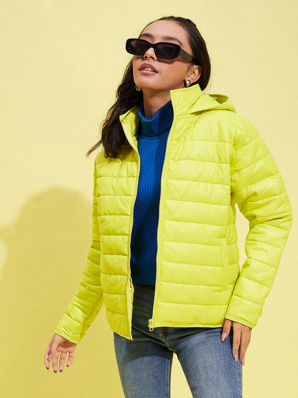 Girls Neon Yellow Quilted Hooded Jacket | WomensFashionFun