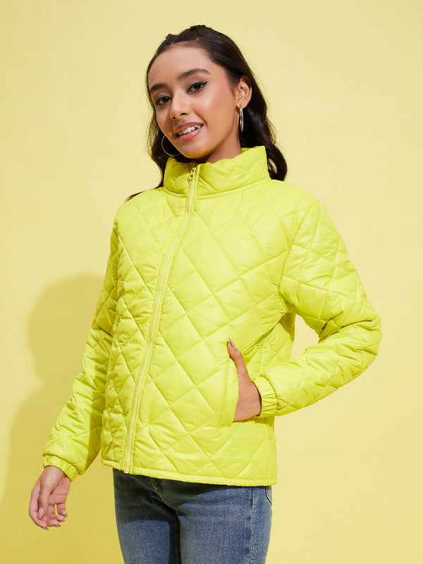 Girls Neon Yellow Taffeta Quilted Zipper Jacket | WomensFashionFun