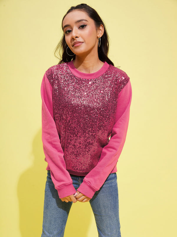 Girls Pink Front Sequence Overiszed Sweatshirt | WomensFashionFun