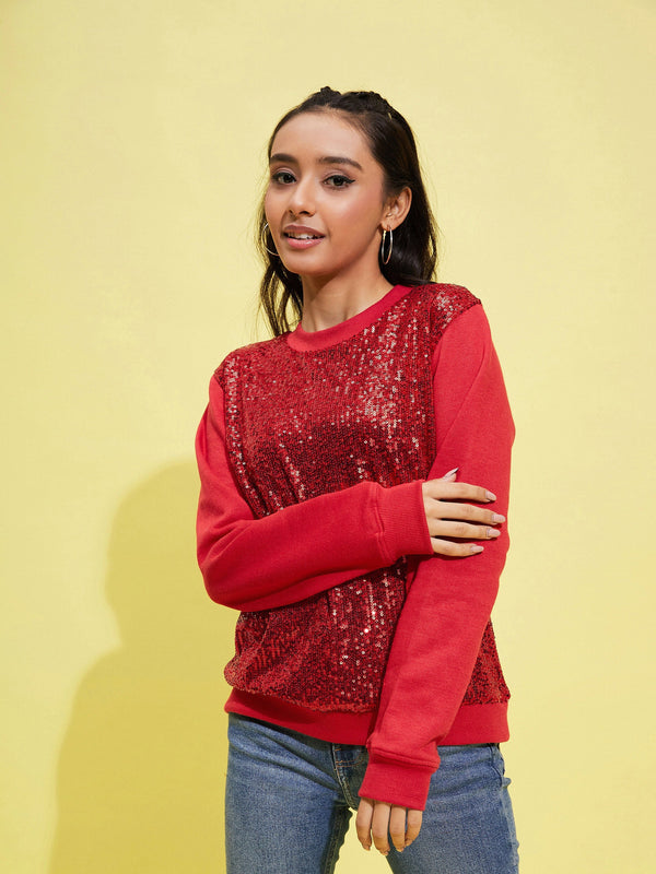 Girls Red Front Sequence Overiszed Sweatshirt | WomensFashionFun
