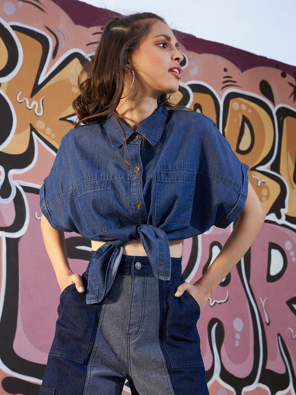 Girls Blue Tencel Crop Oversized Shirt Style Top | WOMENSFASHIONFUN