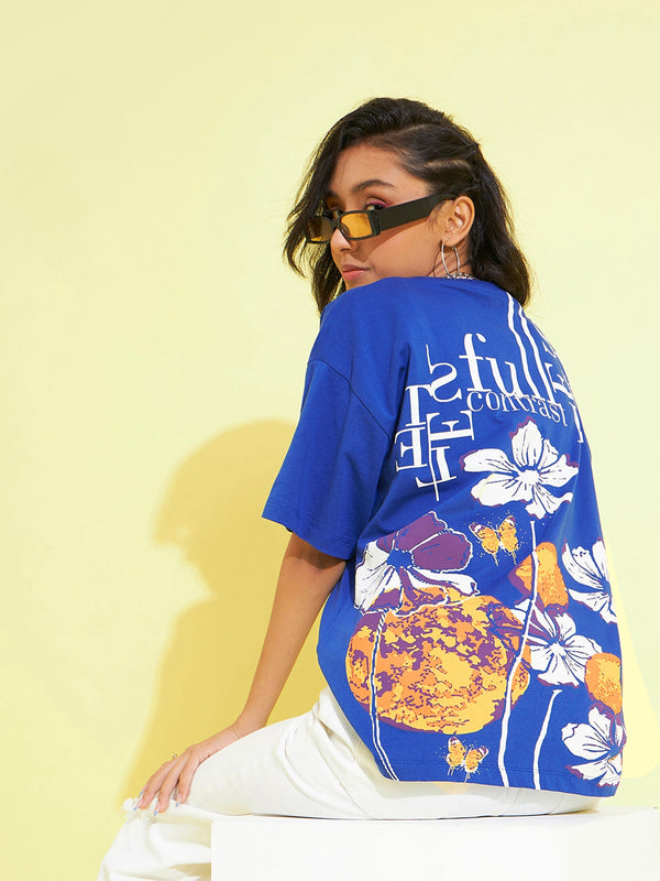 Girls Royal Blue Floral Print Oversized T-Shirt | WomenFashionFun