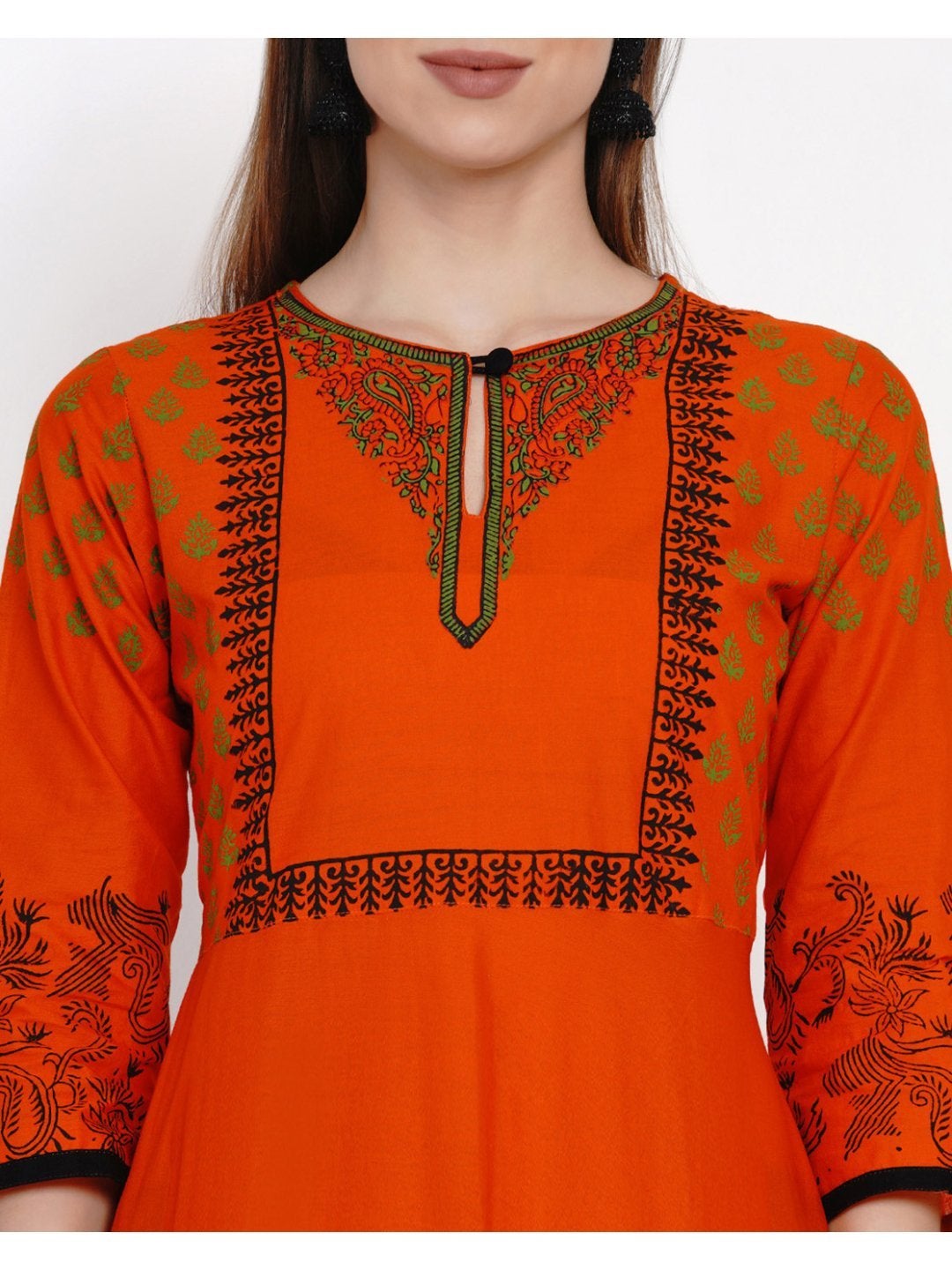 Orange and Black Ajrakh Hand Block Cotton Printed Anarkali - Inayat