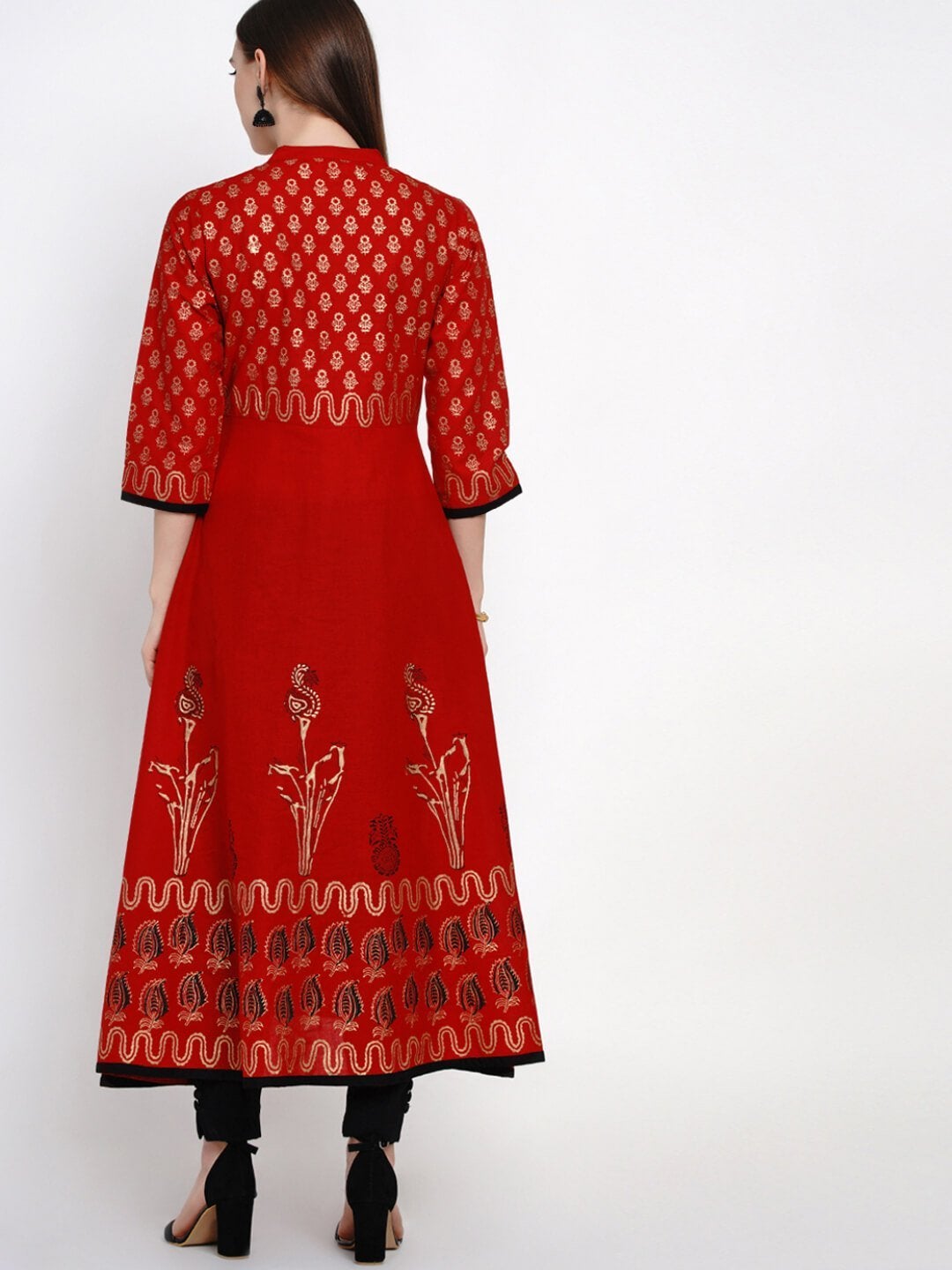 Golden and Red Anarkali with Ajrakh Hand Block Print - Inayat
