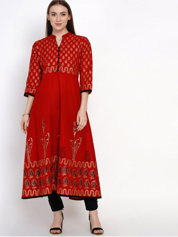 Golden and Red Anarkali with Ajrakh Hand Block Print - Inayat | WomensFashionFun