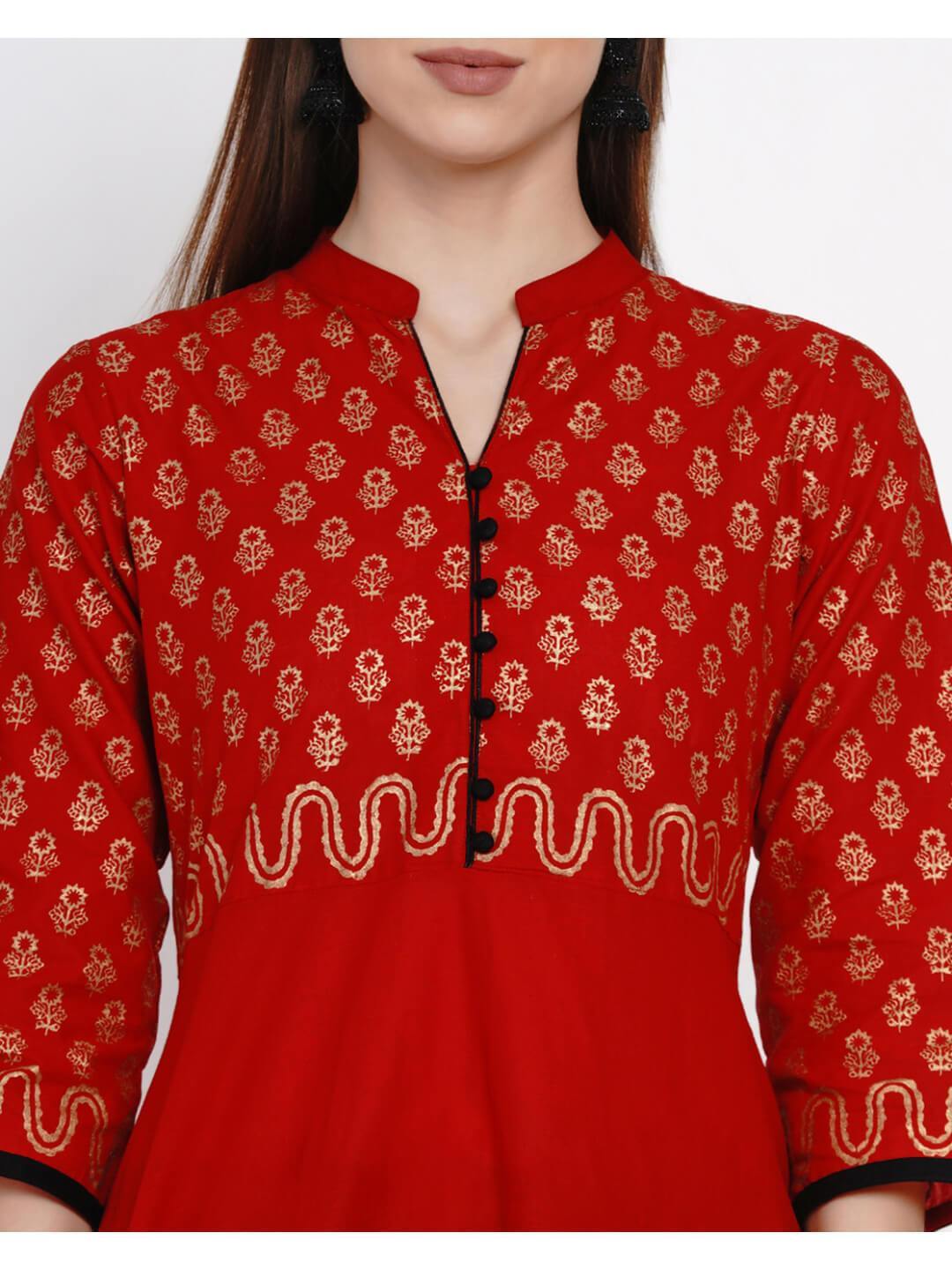 Golden and Red Anarkali with Ajrakh Hand Block Print - Inayat