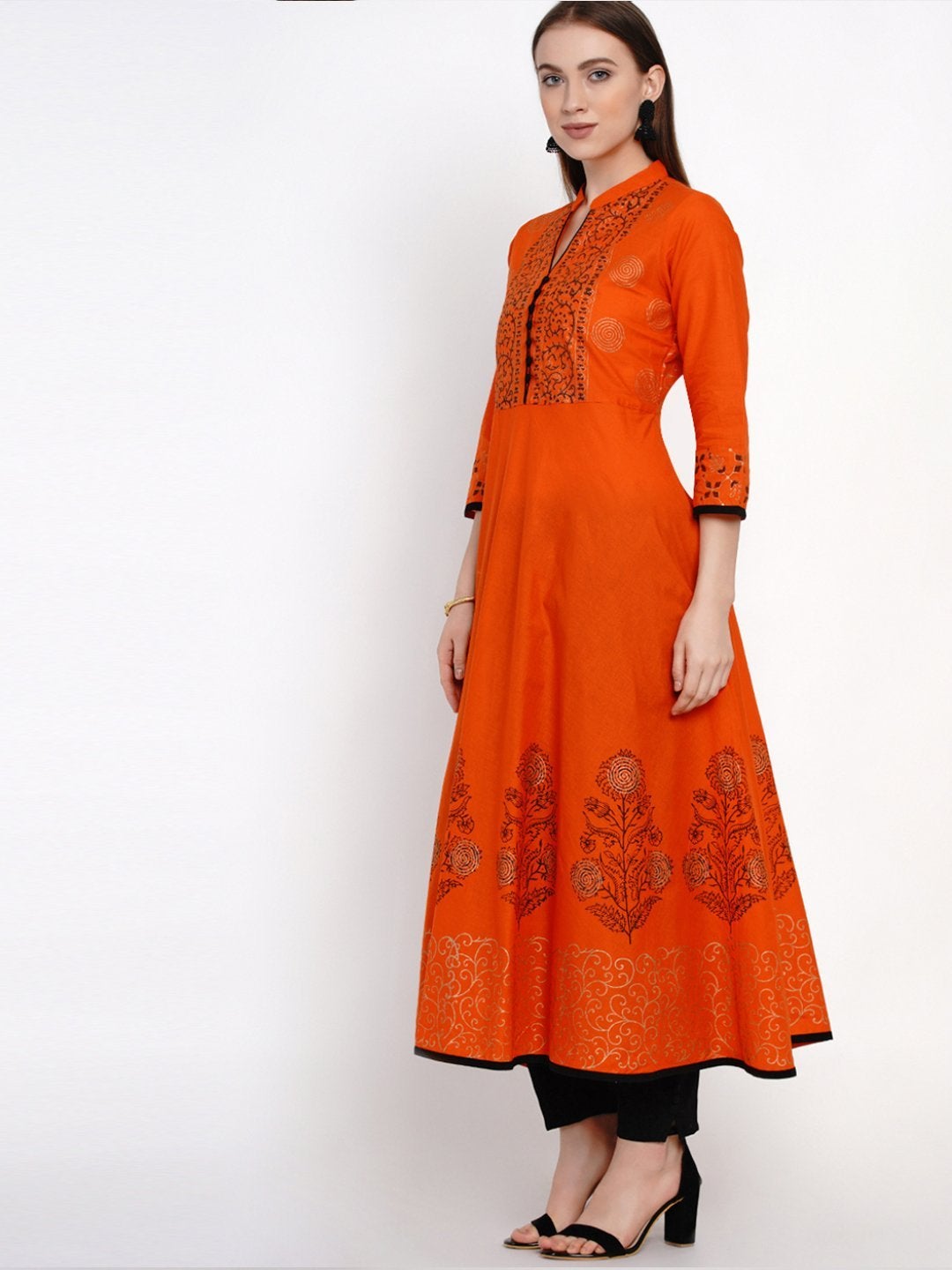 Orange Festive Ajrakh Hand Block Cotton Printed Anarkali - Inayat